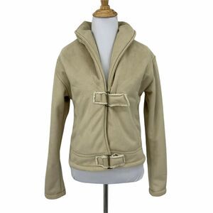 Straight Down Faux Suede Puffer Jacket Size S Beige Full Zip Thick Fleece Lining